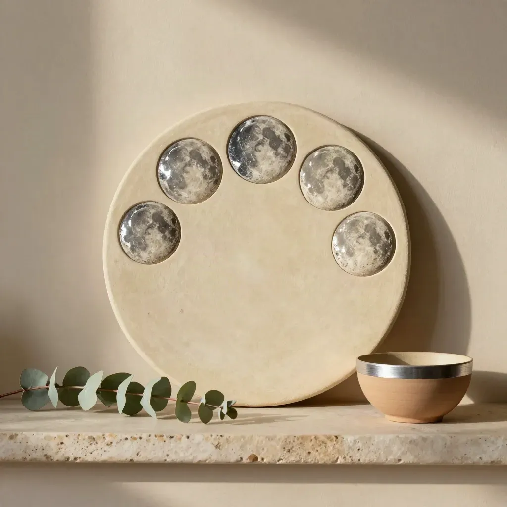 Lunar phase wall disc with moon tokens, eucalyptus, and a clay bowl on a plaster shelf.