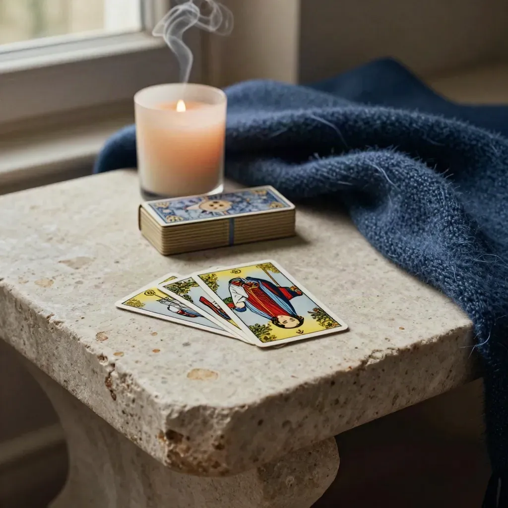 Tarot cards, candle, deck, and wool throw on a stone bench with smoke and moody light.