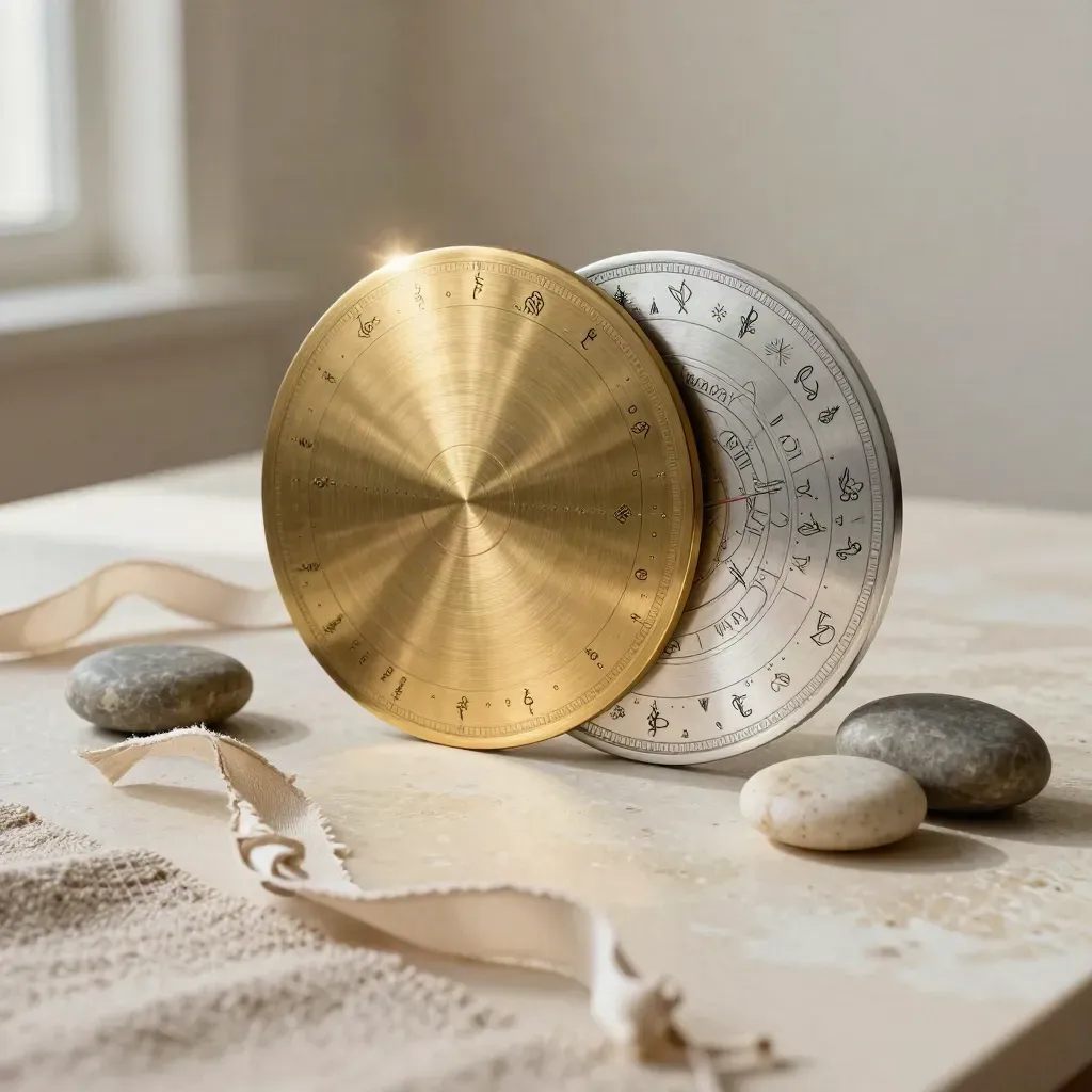 Brass and silver astrological discs with linen ribbon and stones on pale plaster.