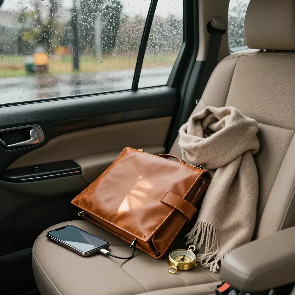 Rainy car seat with travel folio, phone, cable, scarf, and compass