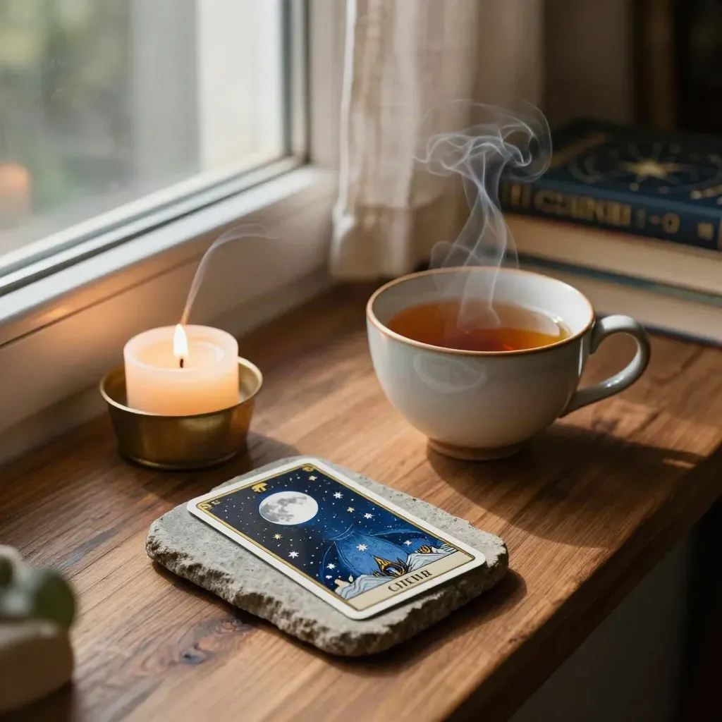 Tarot card beside a low candle and tea by a sunlit window in a cozy reading nook.