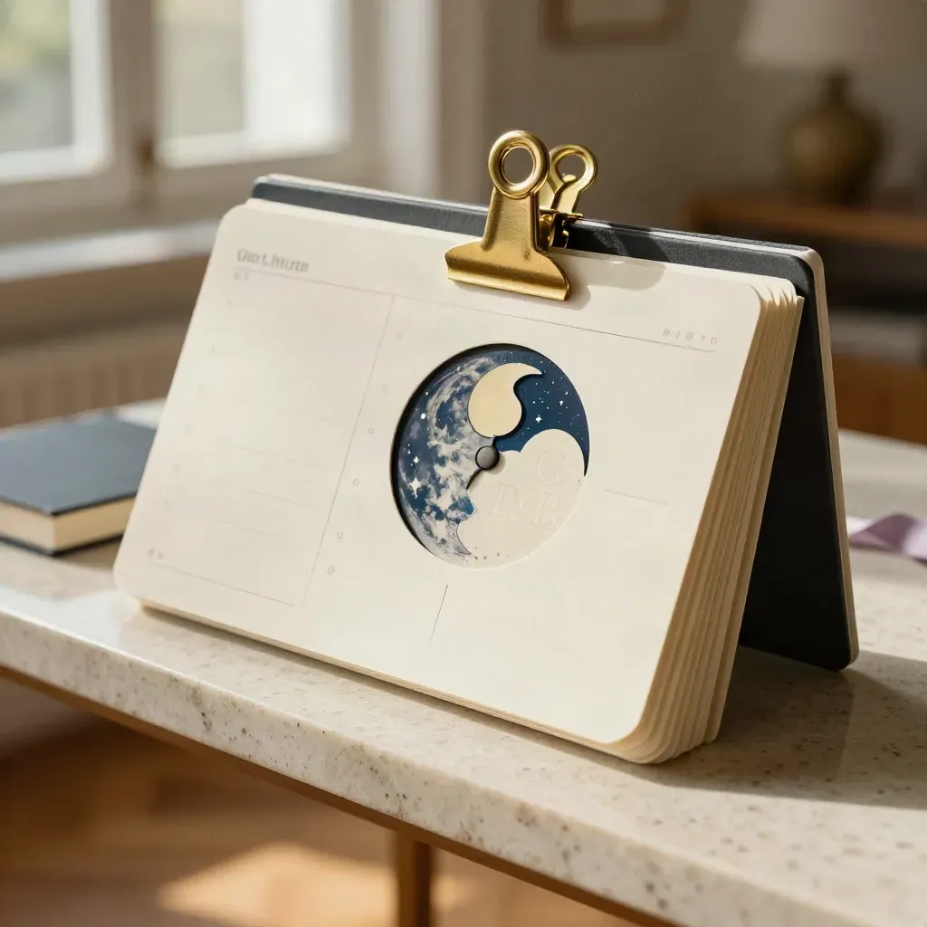 Moon-phase planning cards with brass clip and charcoal notebook in morning light.
