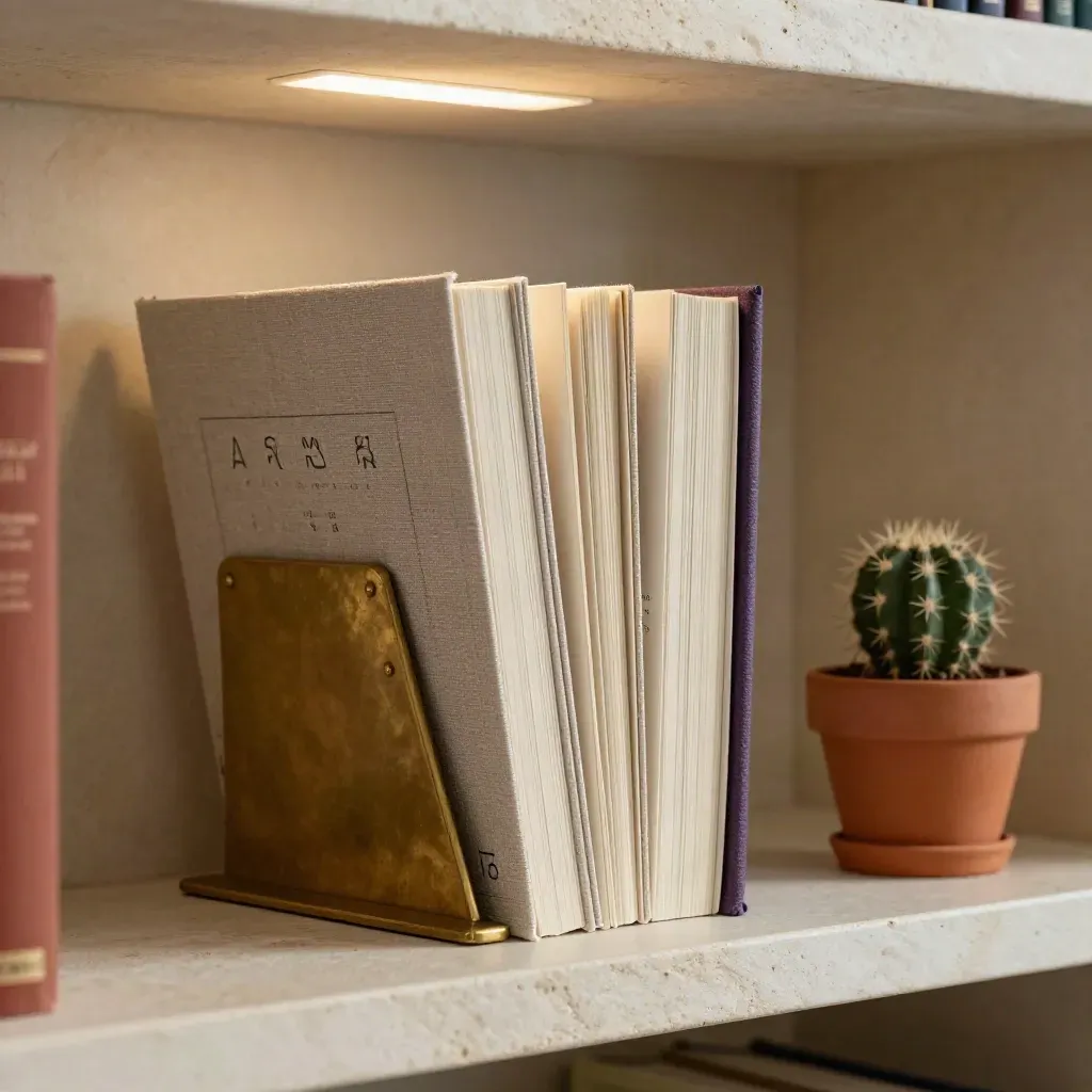 Face-down astrology guide booklets beside a brass bookend and small cactus on a pale shelf