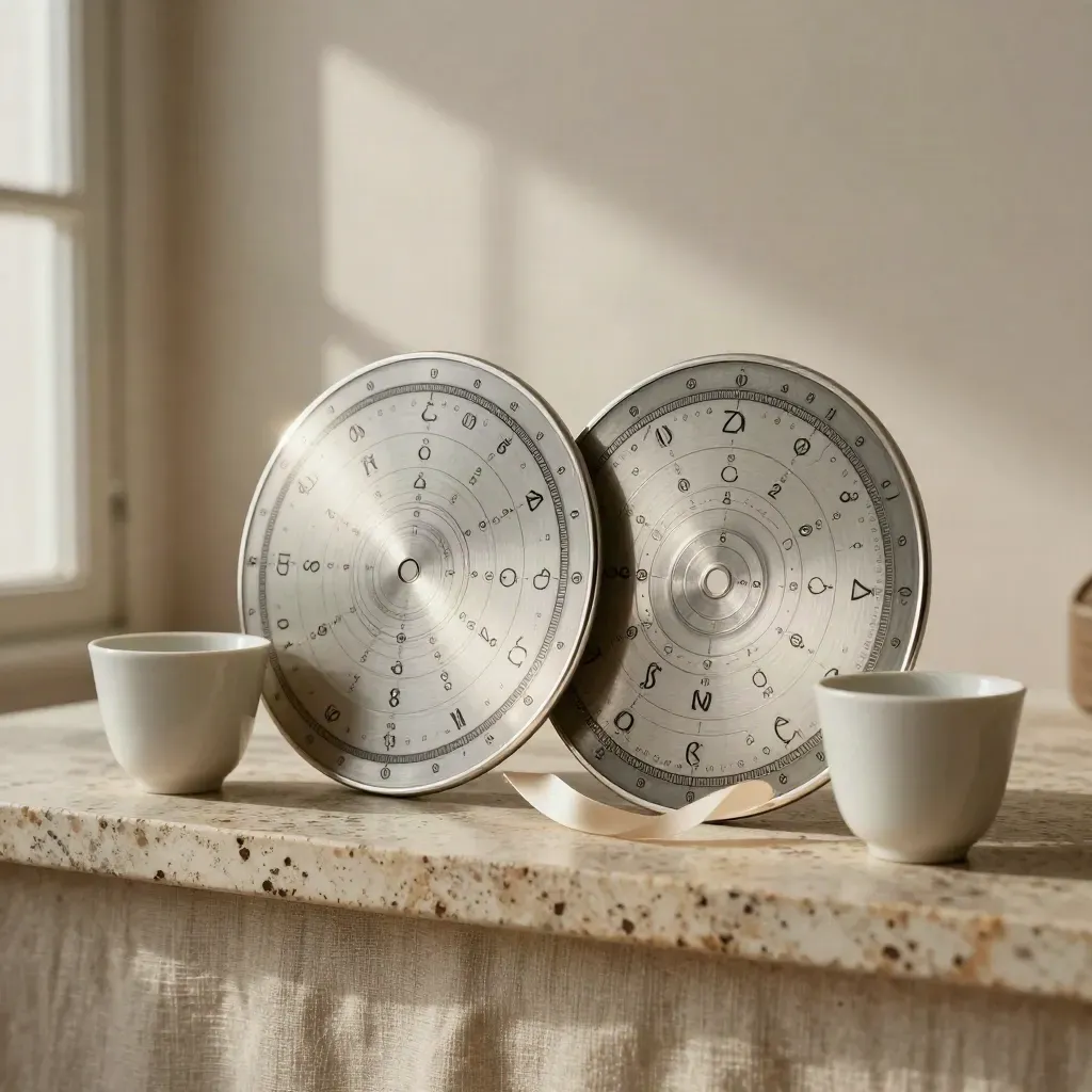 Two overlapping astrology chart discs beside twin ceramic cups and a ribbon on travertine.