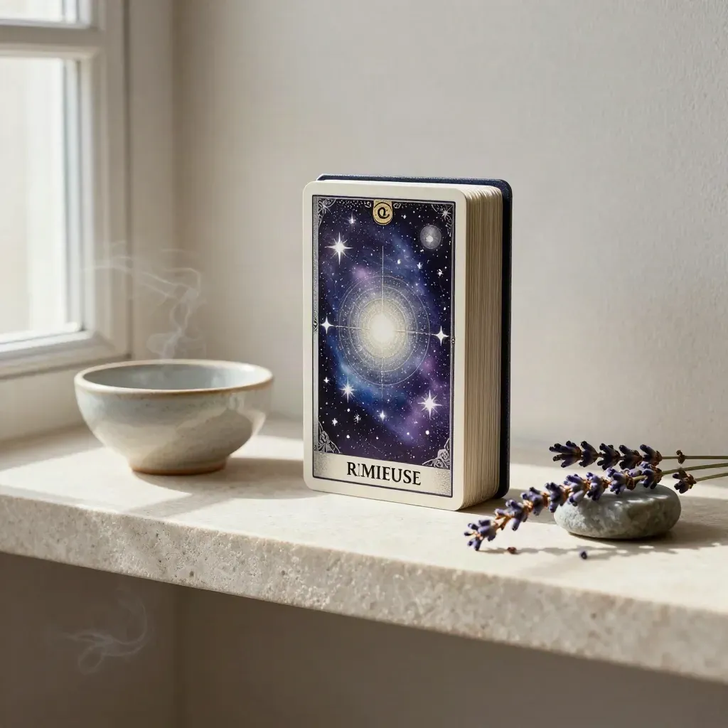 Tarot deck with slipped card, lavender stems, ceramic bowl and stone paperweight on a limestone shelf.